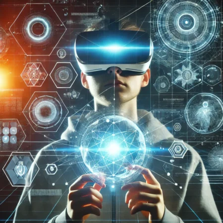 Les tendances technologiques actuelles : Une plongée dans l'innovation DALL·E 2025 03 11 16.34.10 A person wearing an advanced virtual reality VR headset immersed in a futuristic digital world with holographic elements
