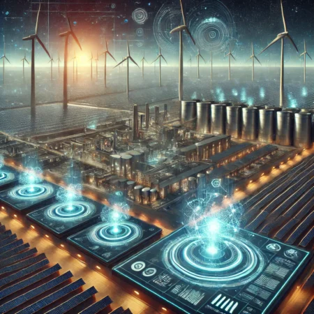 Les tendances technologiques actuelles : Une plongée dans l'innovation DALL·E 2025 03 11 16.34.16 A futuristic solar farm with high tech wind turbines and AI driven energy management systems